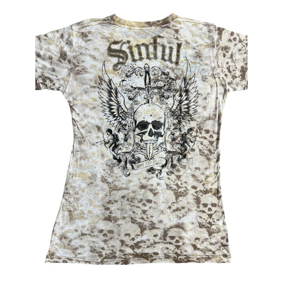 Sinful T-Shirt Womens Brown Y2K Skull Wings Transparent Grunge Distressed HTF - Picture 7 of 12